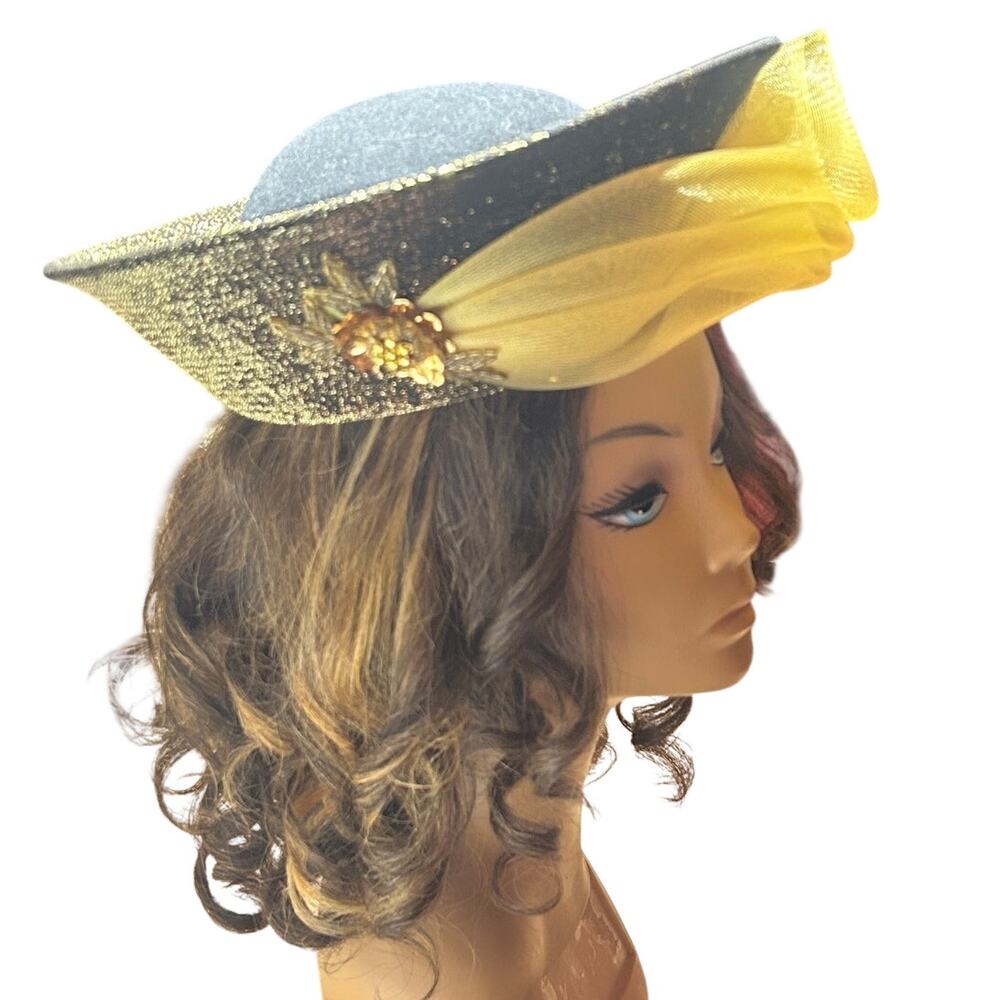 Vintage Cocktail/Derby hat black and gold with a yellow tulle accent